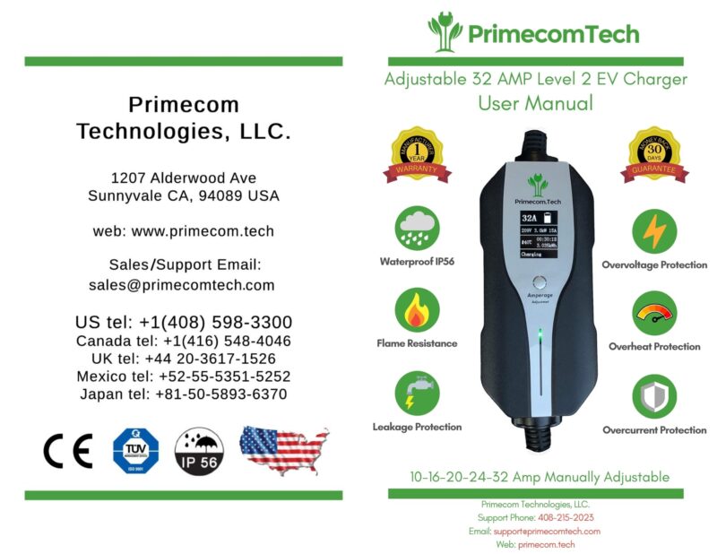 Primecom 32 Amp Level 2 Electric Vehicle (EV) Charger Amperage Adjustable Only In ElectoGb