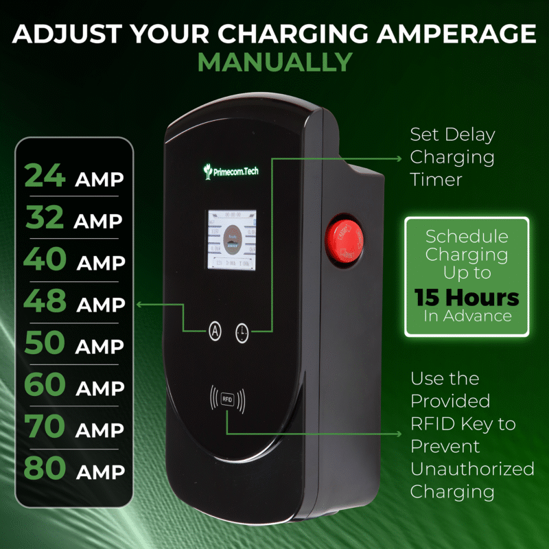 Primecom 80 Amp Level 2 EV Charger | 18ft to 50ft Cord Lengths | 22KW 220 Volt Only In ElectoGb