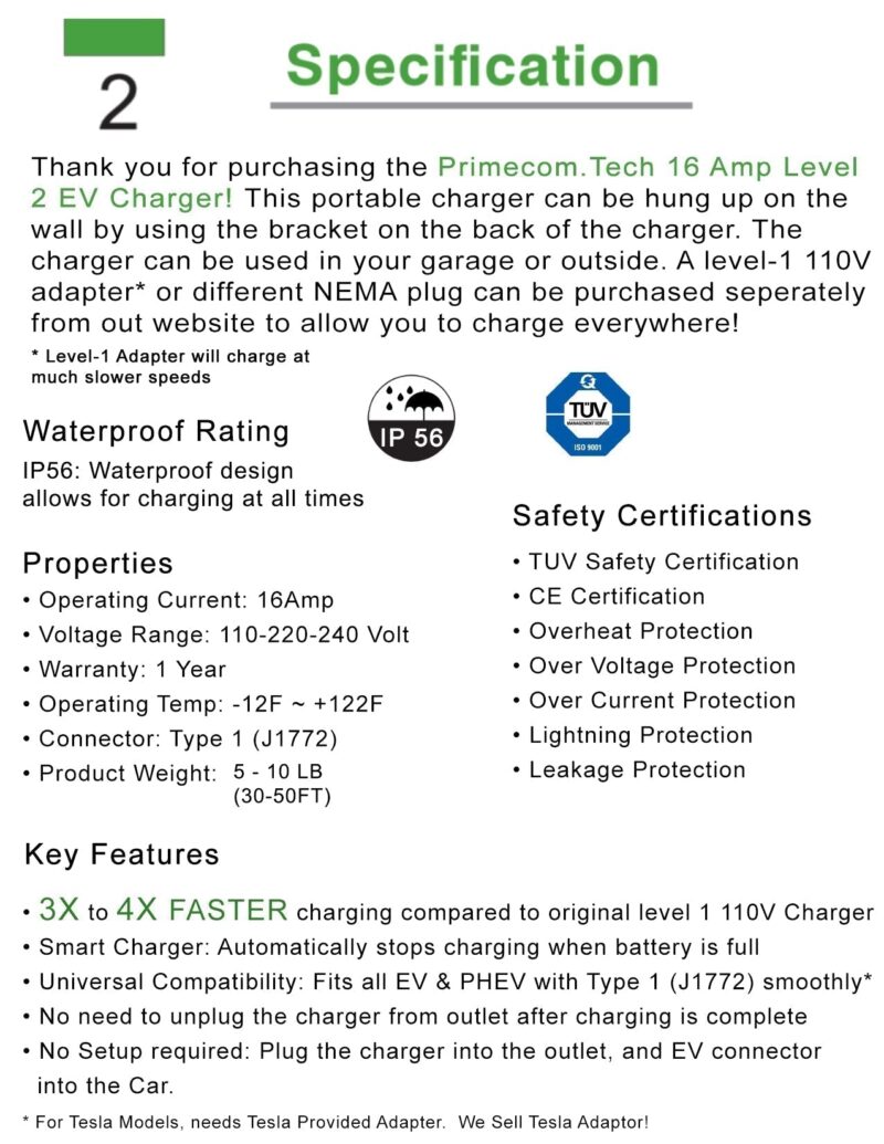 Primecom.Tech 16 Amp Level 2 Electric Vehicle (EV) Charger 3X to 4X faster 220 Volt 30', 40', 50' Feet Lengths Only In ElectoGb